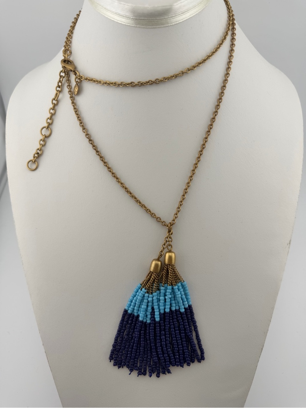 J. Crew Long Beaded Tassel Necklace With Blue & Turquoise Beads On Brass Chain